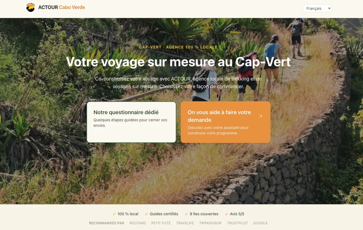 Parcours de voyage sur mesure ACTOUR Cabo Verde, avec questionnaire dédié et assistant IA