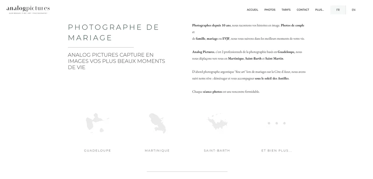 Page d'accueil du portfolio d'Analog Pictures, photographes de mariage en Guadeloupe