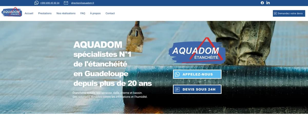 Page d'accueil du site d'Aquadom Étanchéité, spécialiste de l'étanchéité en Guadeloupe