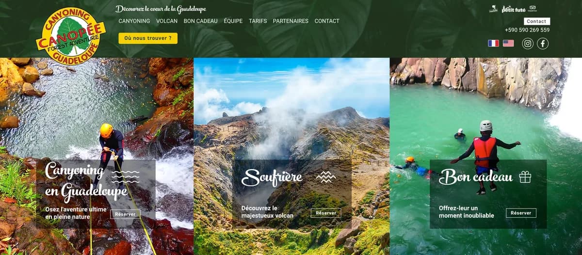 Page d'accueil du site Canopée Canyoning Guadeloupe présentant les activités canyoning, Soufrière et bons cadeaux