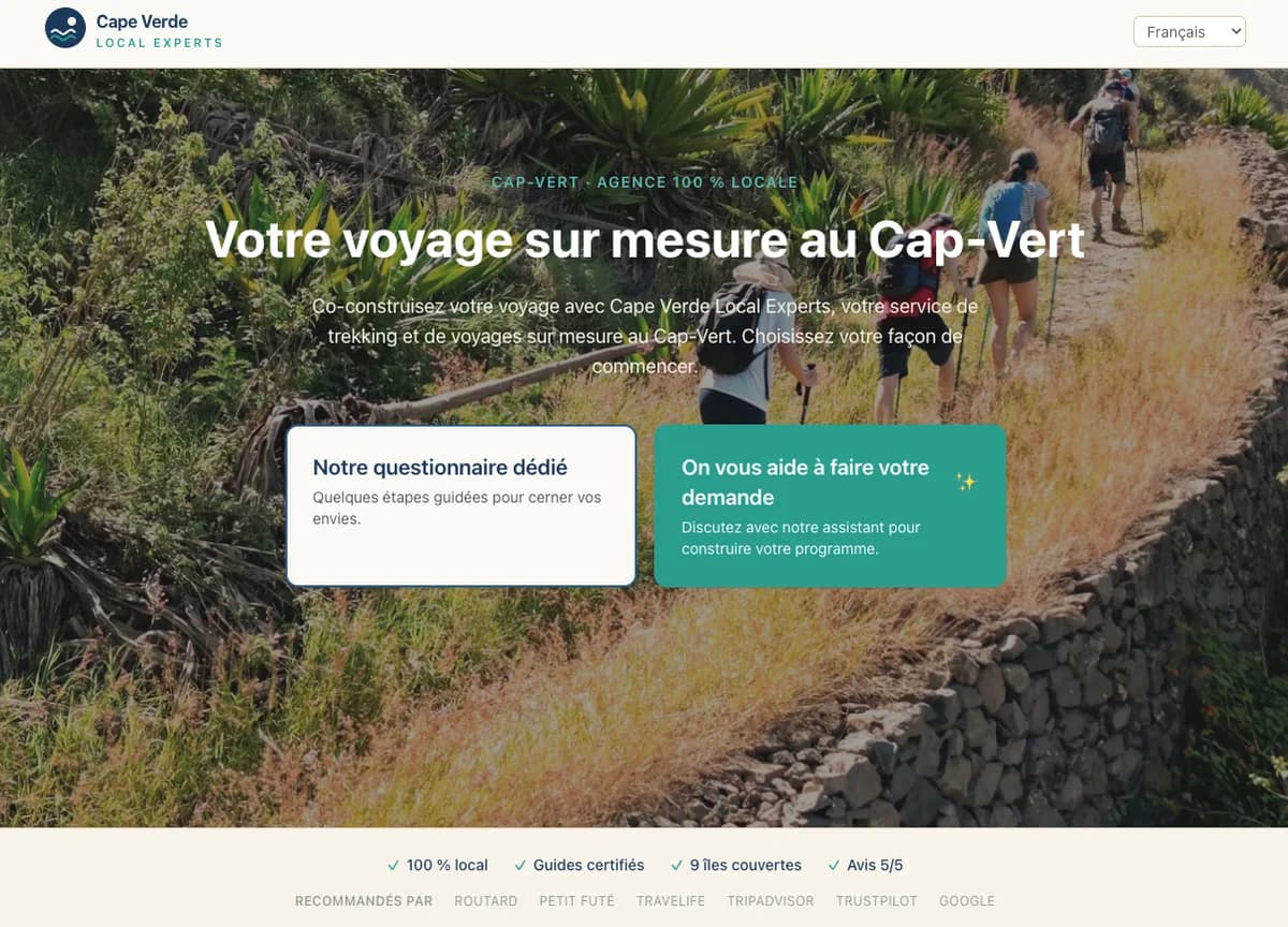 Page d'accueil du site Cape Verde Local Experts, voyages sur mesure au Cap-Vert