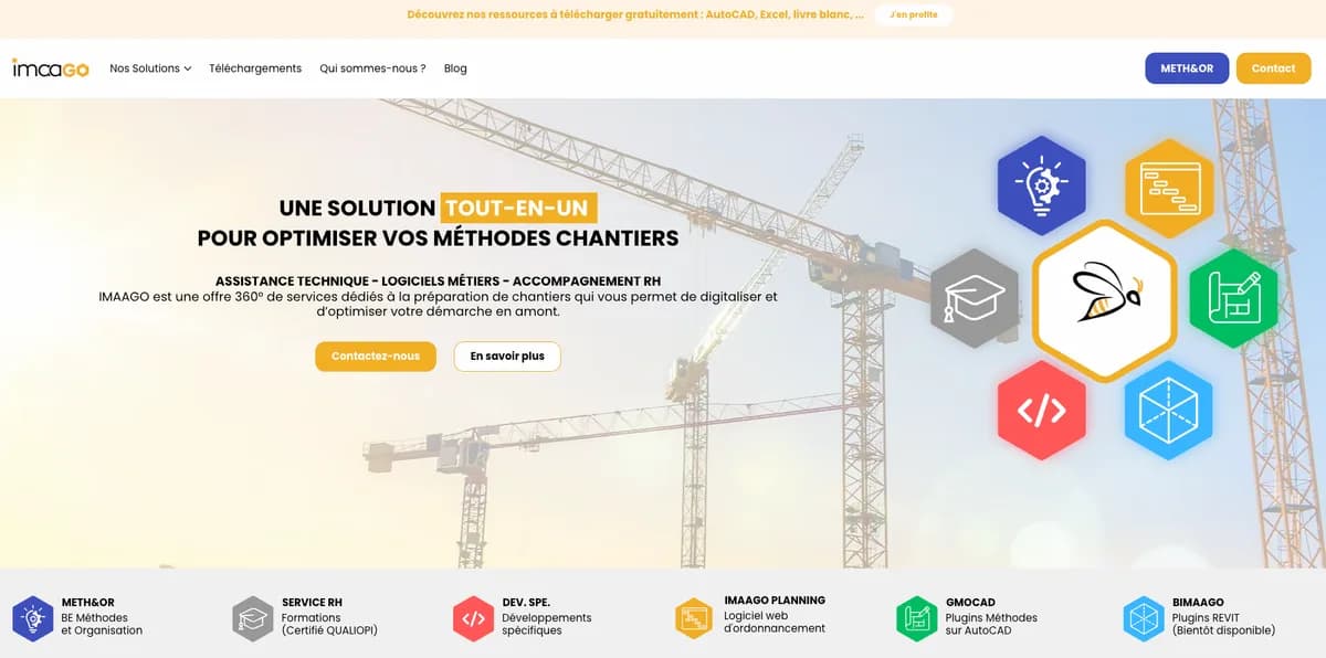 Page d'accueil du site IMAAGO présentant ses 6 solutions logicielles pour les méthodes chantiers BTP