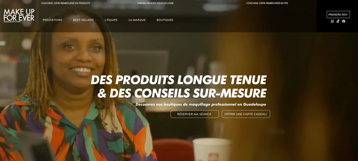 Page d'accueil du site des boutiques Make Up For Ever en Guadeloupe, avec prise de rendez-vous en ligne