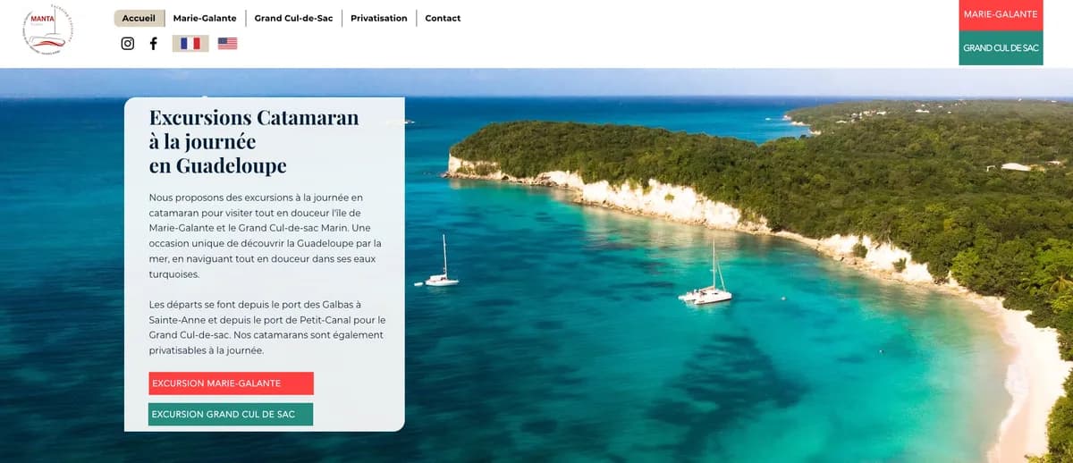 Page d'accueil du site Manta Évasion présentant ses excursions catamaran à la journée en Guadeloupe