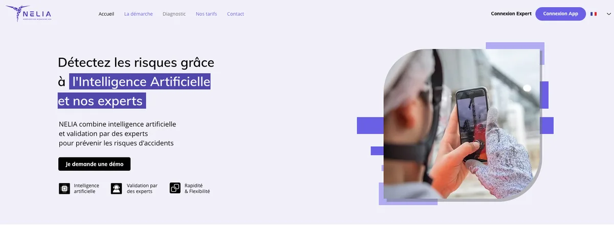 Page d'accueil du site NELIA, SaaS de détection des risques par intelligence artificielle