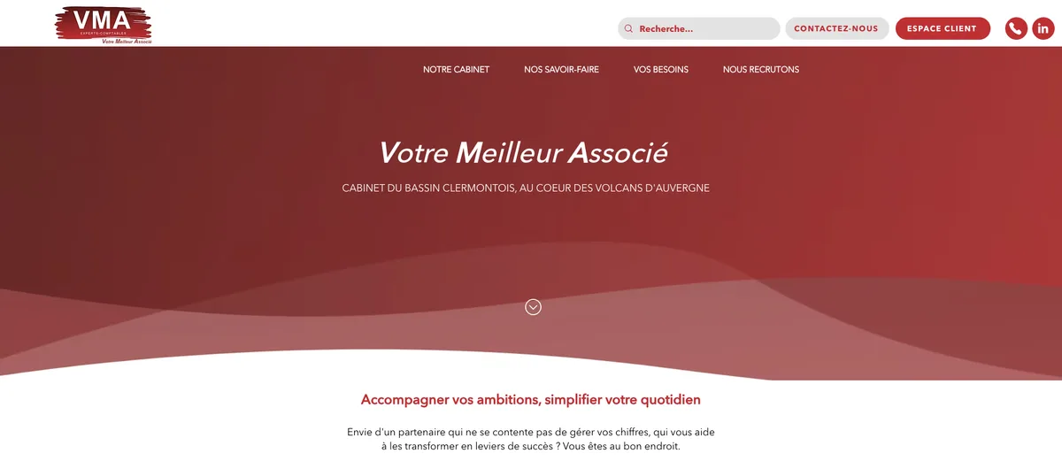 Page d'accueil du site du cabinet VMA Experts-Comptables, « Votre Meilleur Associé », à Clermont-Ferrand
