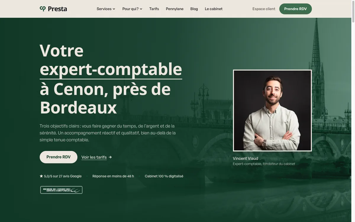 Page d'accueil du site du Cabinet Presta, expert-comptable à Cenon près de Bordeaux