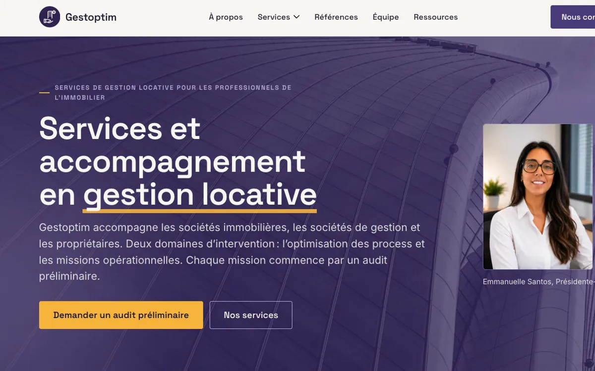 Page d'accueil du site Gestoptim présentant ses services et accompagnements en gestion locative