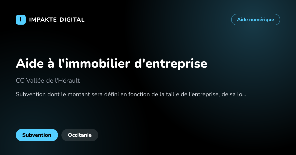 Carte de présentation de l'aide Aide à l'immobilier d'entreprise