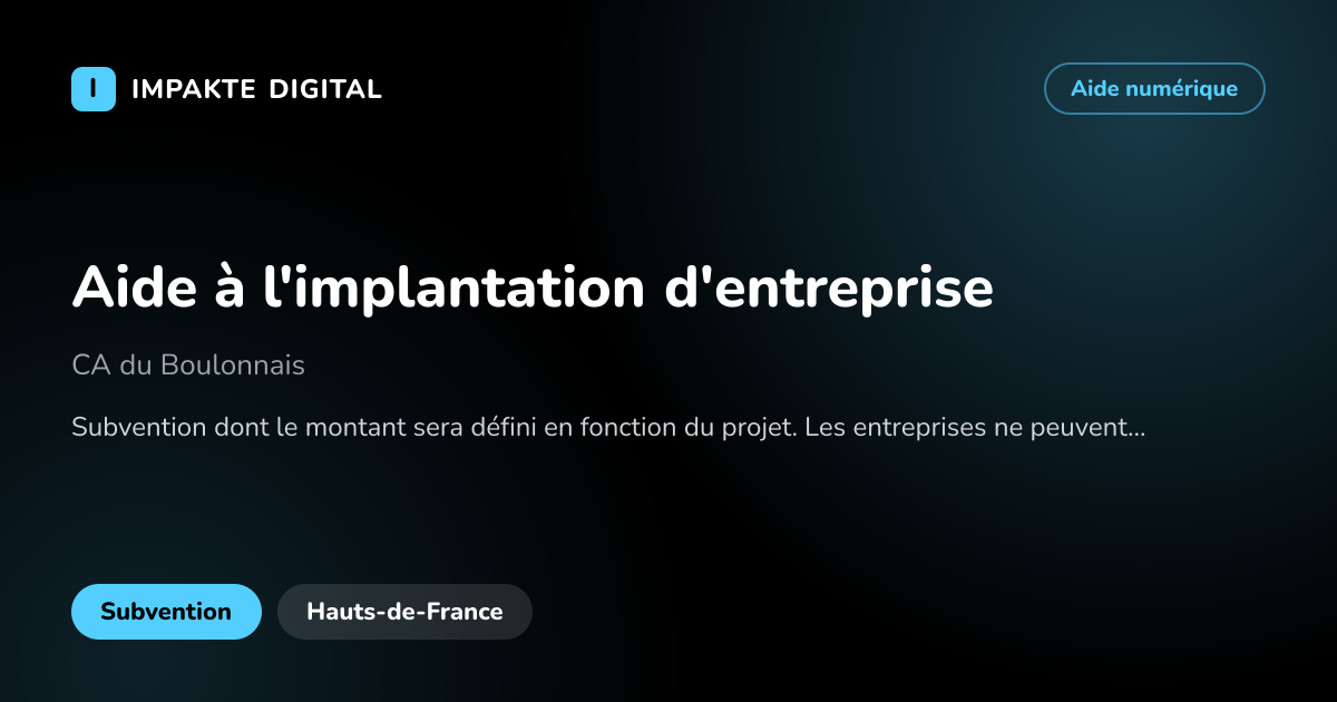 Carte de présentation de l'aide Aide à l'implantation d'entreprise