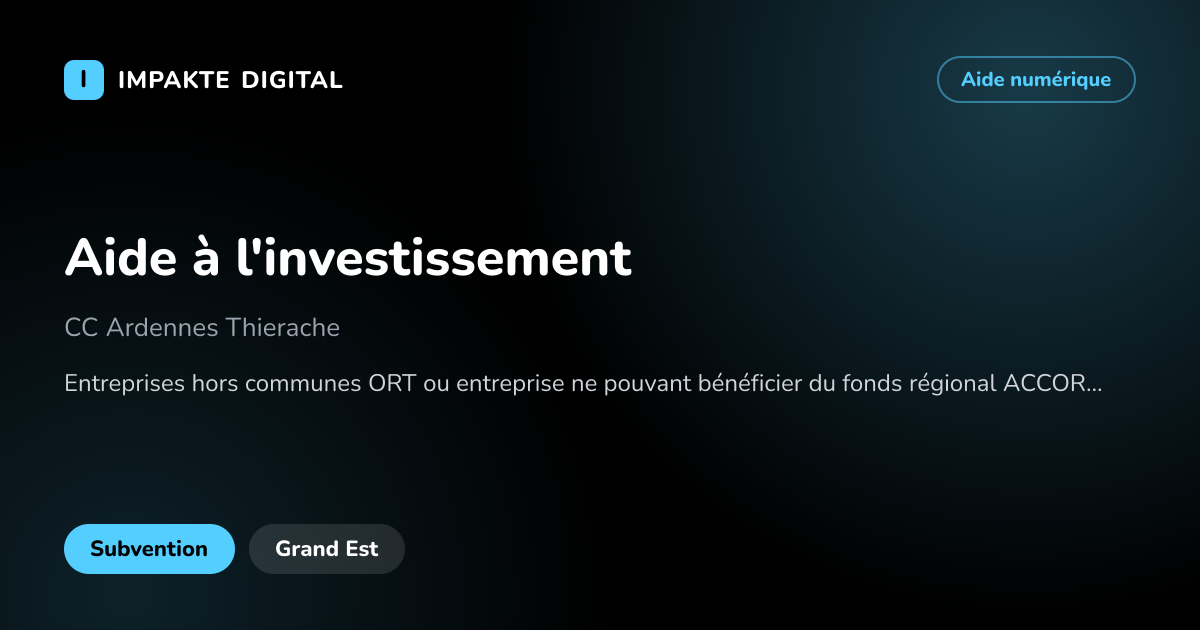 Carte de présentation de l'aide Aide à l'investissement