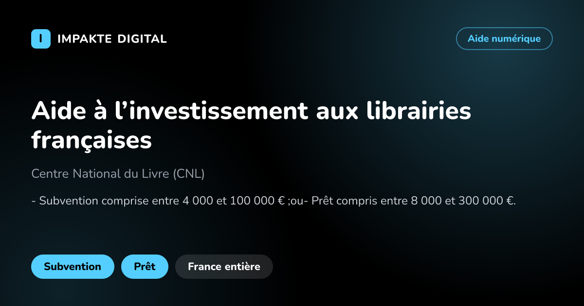 Carte de présentation de l'aide Aide à l’investissement aux librairies françaises