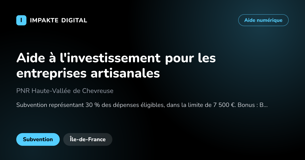 Carte de présentation de l'aide Aide à l'investissement pour les entreprises artisanales