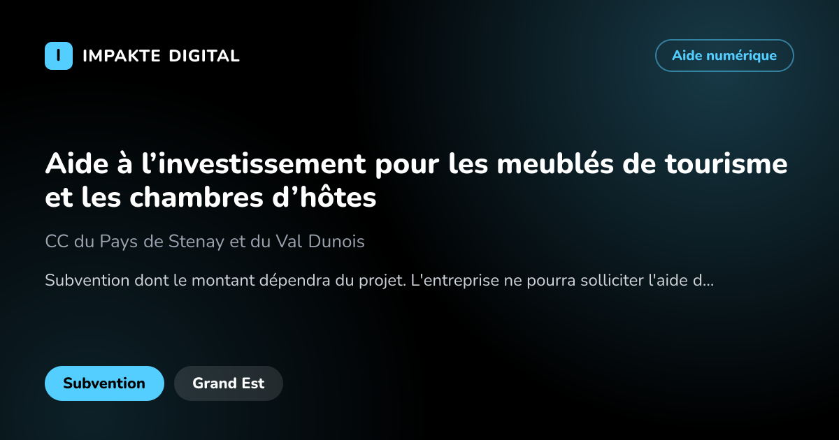 Carte de présentation de l'aide Aide à l’investissement pour les meublés de tourisme et les chambres d’hôtes