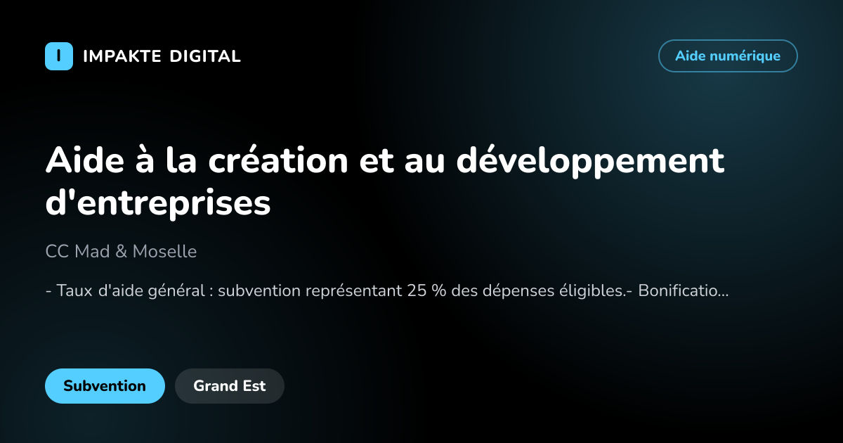 Carte de présentation de l'aide Aide à la création et au développement d'entreprises