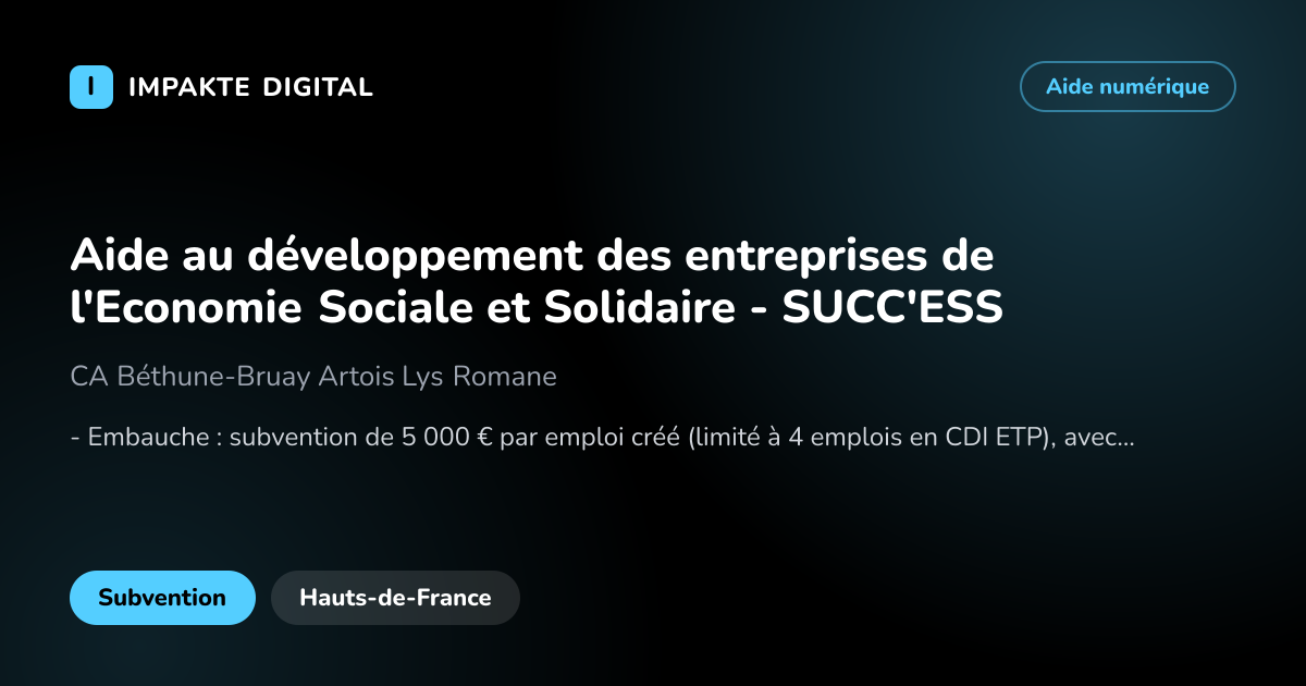 Carte de présentation de l'aide Aide au développement des entreprises de l'Economie Sociale et Solidaire - SUCC'ESS