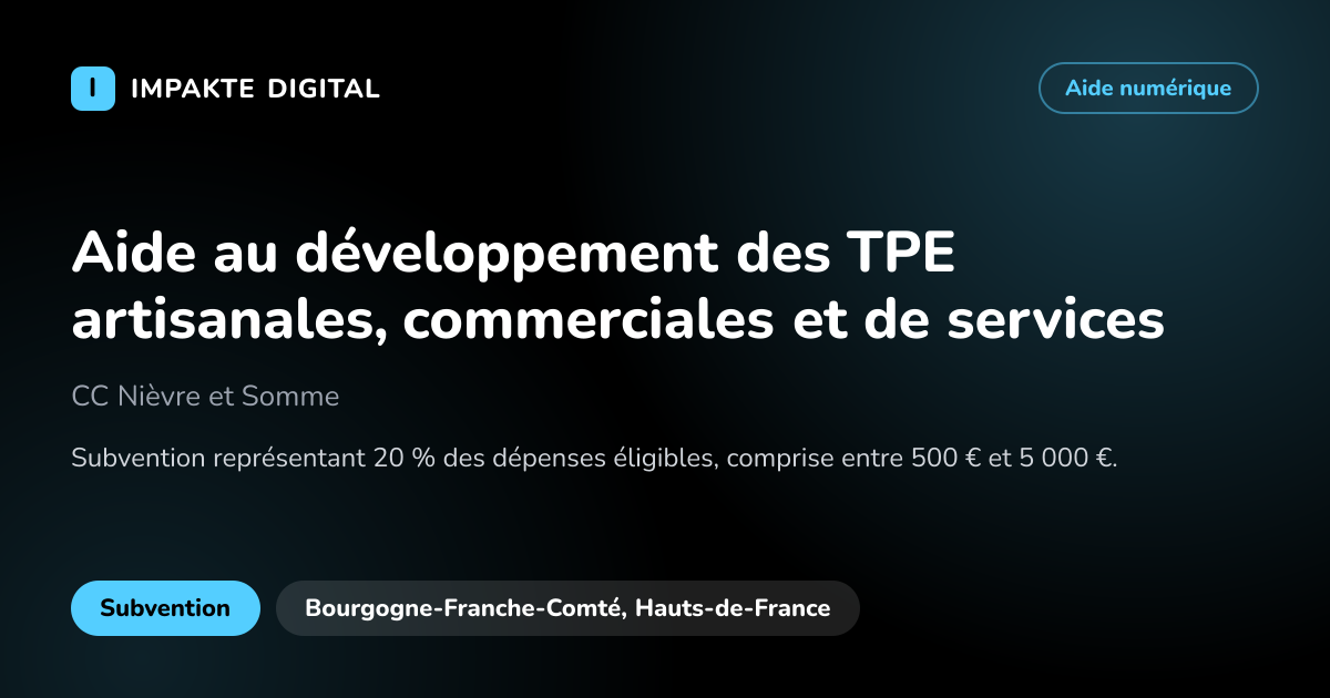Carte de présentation de l'aide Aide au développement des TPE artisanales, commerciales et de services
