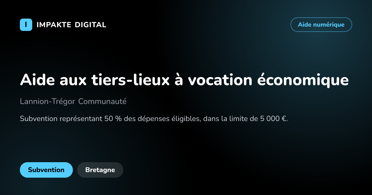Carte de présentation de l'aide Aide aux tiers-lieux à vocation économique