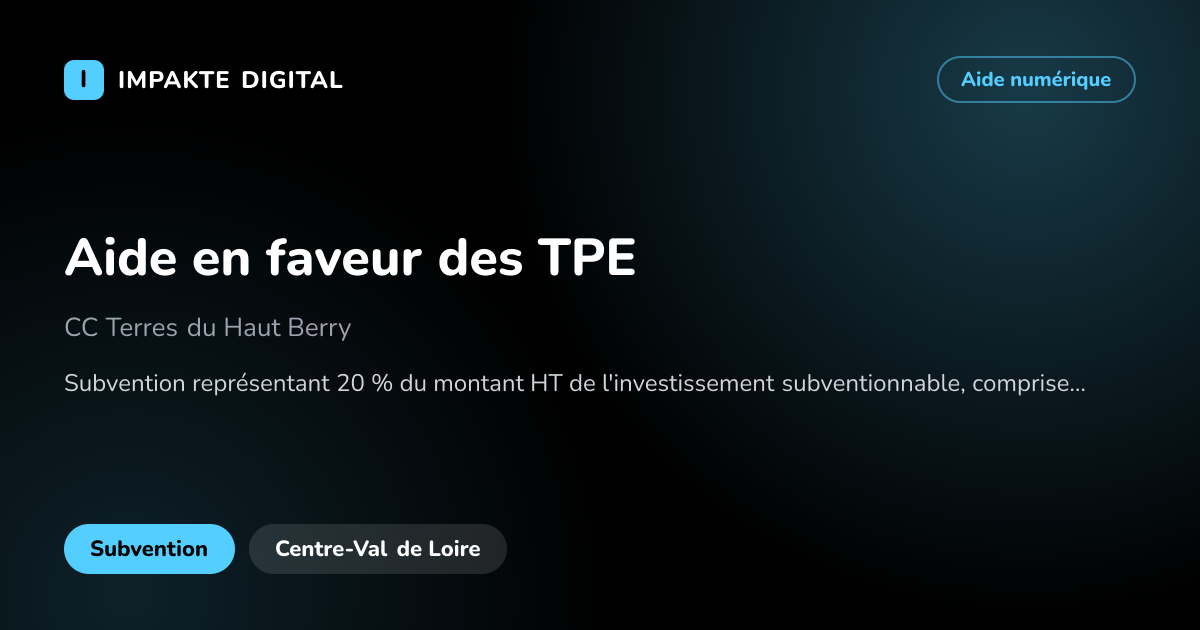 Carte de présentation de l'aide Aide en faveur des TPE