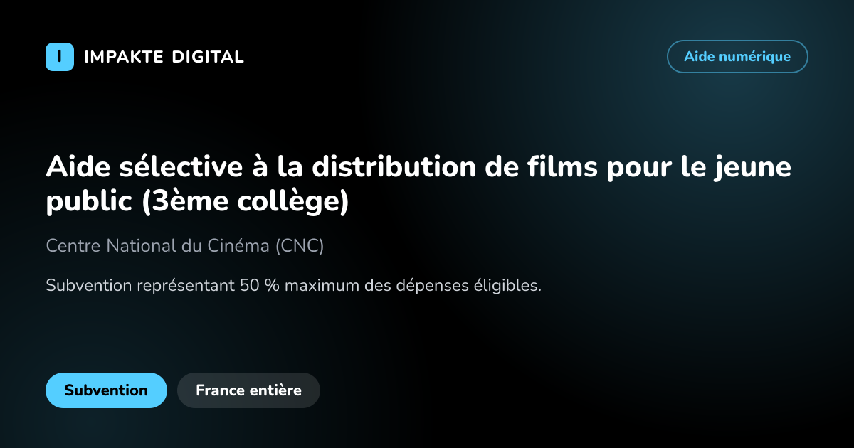Carte de présentation de l'aide Aide sélective à la distribution de films pour le jeune public (3ème collège)