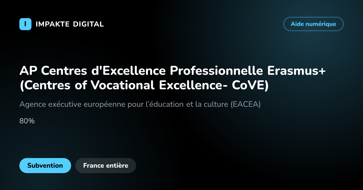Carte de présentation de l'aide AP Centres d'Excellence Professionnelle Erasmus+ (Centres of Vocational Excellence- CoVE)