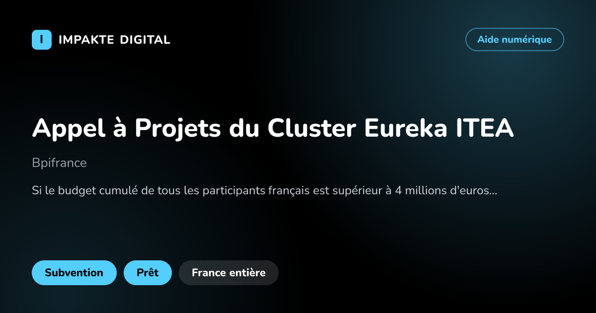 Carte de présentation de l'aide Appel à Projets du Cluster Eureka ITEA