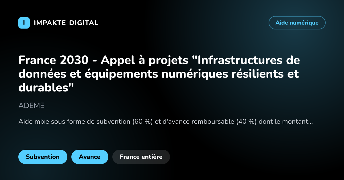 Carte de présentation de l'aide France 2030 - Appel à projets "Infrastructures de données et équipements numériques résilients et durables"