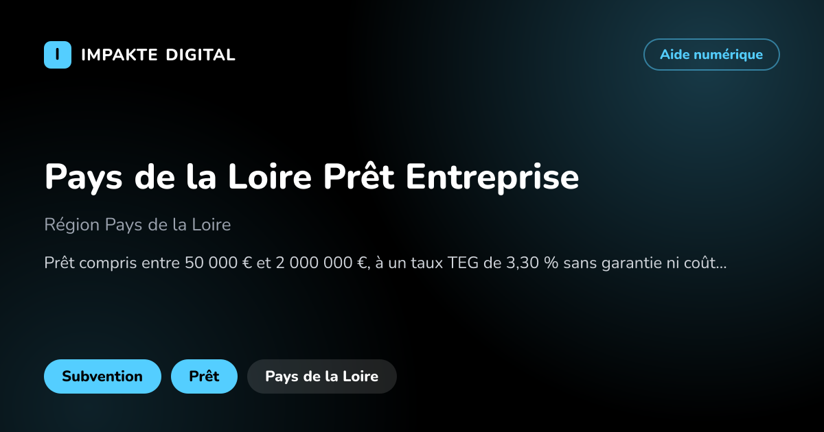 Carte de présentation de l'aide Pays de la Loire Prêt Entreprise