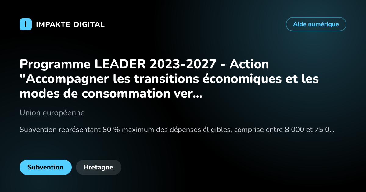 Carte de présentation de l'aide Programme LEADER 2023-2027 - Action "Accompagner les transitions économiques et les modes de consommation vers un modèle plus soutenable"